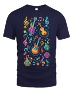 Colorful Neon Guitar Music Notes Graphic T-shirt - navy t-shirt on white background