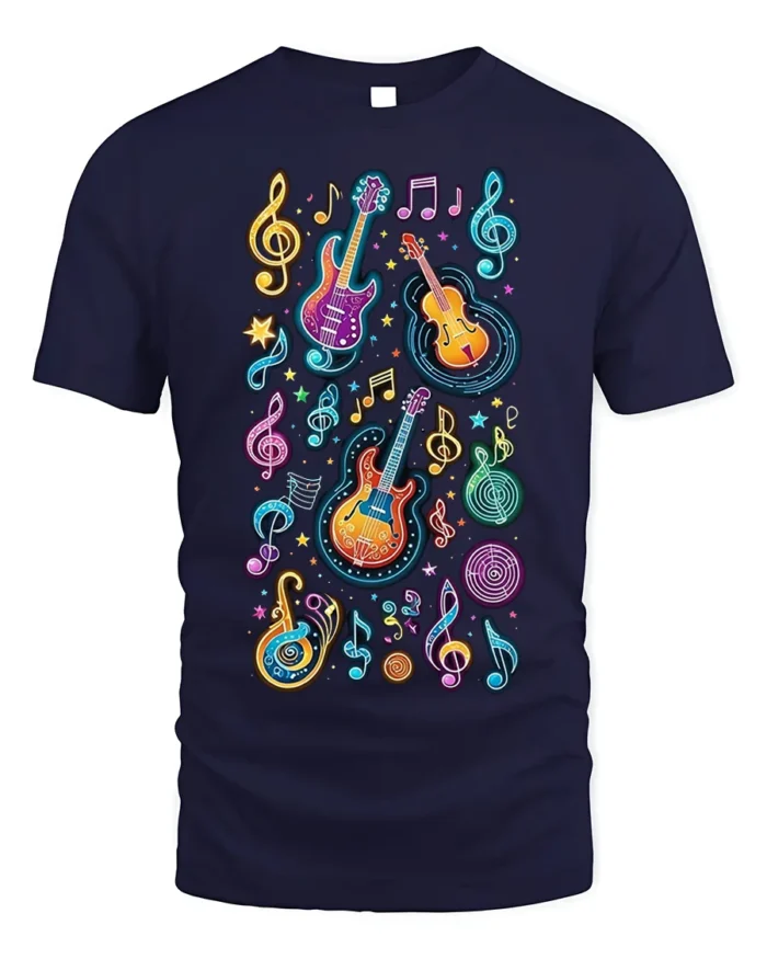 Colorful Neon Guitar Music Notes Graphic T-shirt - navy t-shirt on white background
