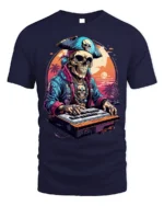 Pirate Skeleton DJ Keyboard Sunset Graphic T-shirt - navy t-shirt on white background