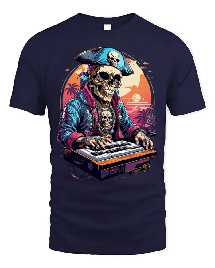 Pirate Skeleton DJ Keyboard Sunset Graphic T-shirt - navy t-shirt on white background