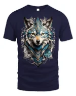 Tribal Blue Wolf Head Floral Spirit Graphic T-shirt - navy t-shirt on white background