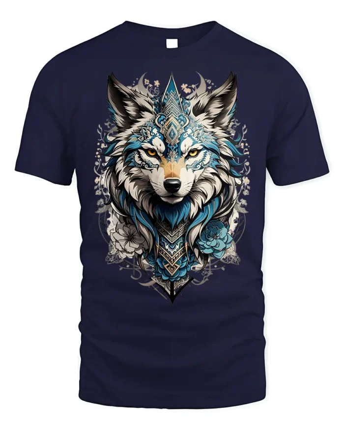 Tribal Blue Wolf Head Floral Spirit Graphic T-shirt - navy t-shirt on white background