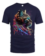 Neon Cat Headphones Music Lover Graphic T-shirt - navy t-shirt on white background