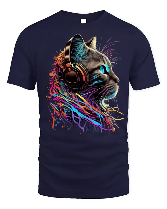Neon Cat Headphones Music Lover Graphic T-shirt - navy t-shirt on white background