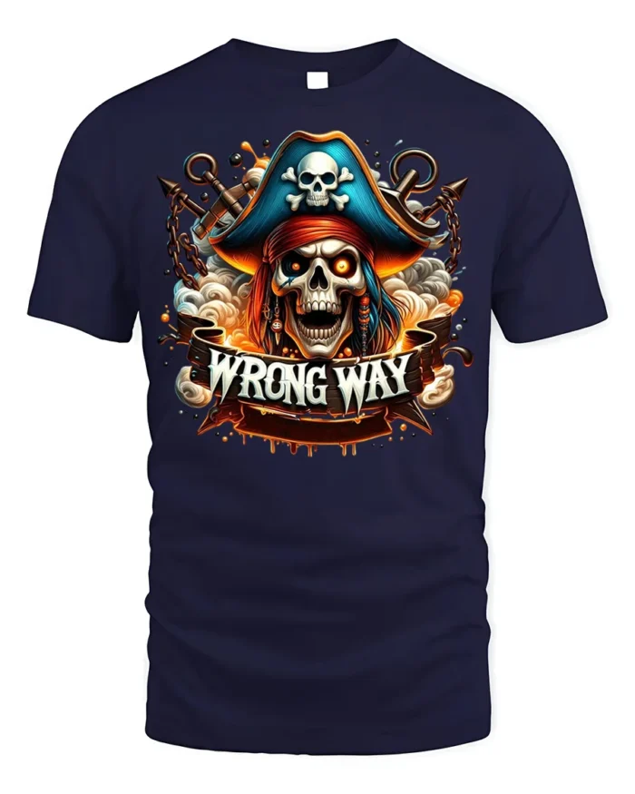 Pirate Skull Wrong Way Fiery Chains Graphic T-shirt - navy t-shirt on white background