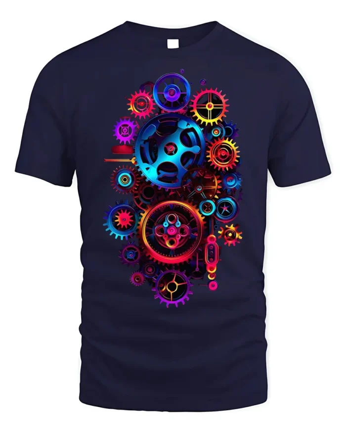 Colorful Steampunk Gears Mechanical Art T-shirt - navy t-shirt on white background