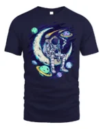 Astronaut Sitting on Moon Space Planets T-shirt - navy t-shirt on white background