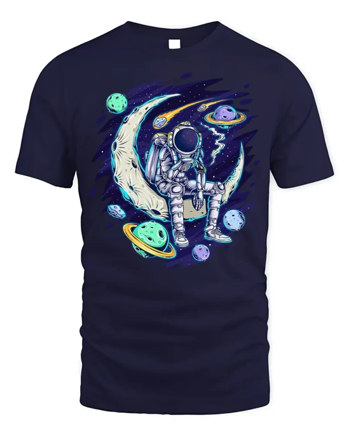 Astronaut Sitting on Moon Space Planets T-shirt - navy t-shirt on white background