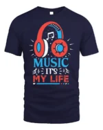 Music It’s My Life Headphones Graphic T-shirt - navy t-shirt on white background