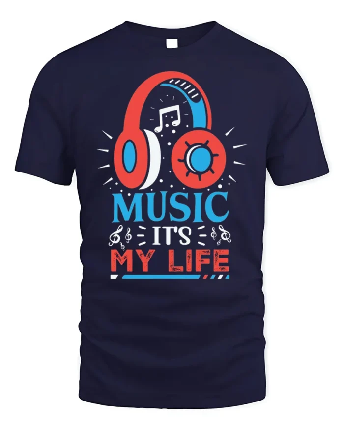 Music It’s My Life Headphones Graphic T-shirt - navy t-shirt on white background