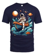 Astronaut Rowing Boat Space Adventure Graphic T-shirt - navy t-shirt on white background