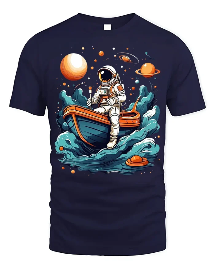 Astronaut Rowing Boat Space Adventure Graphic T-shirt - navy t-shirt on white background