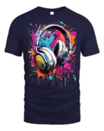 Colorful Headphones Music Splash Graphic T-shirt - navy t-shirt on white background
