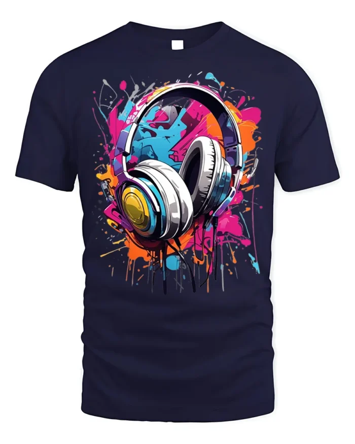 Colorful Headphones Music Splash Graphic T-shirt - navy t-shirt on white background