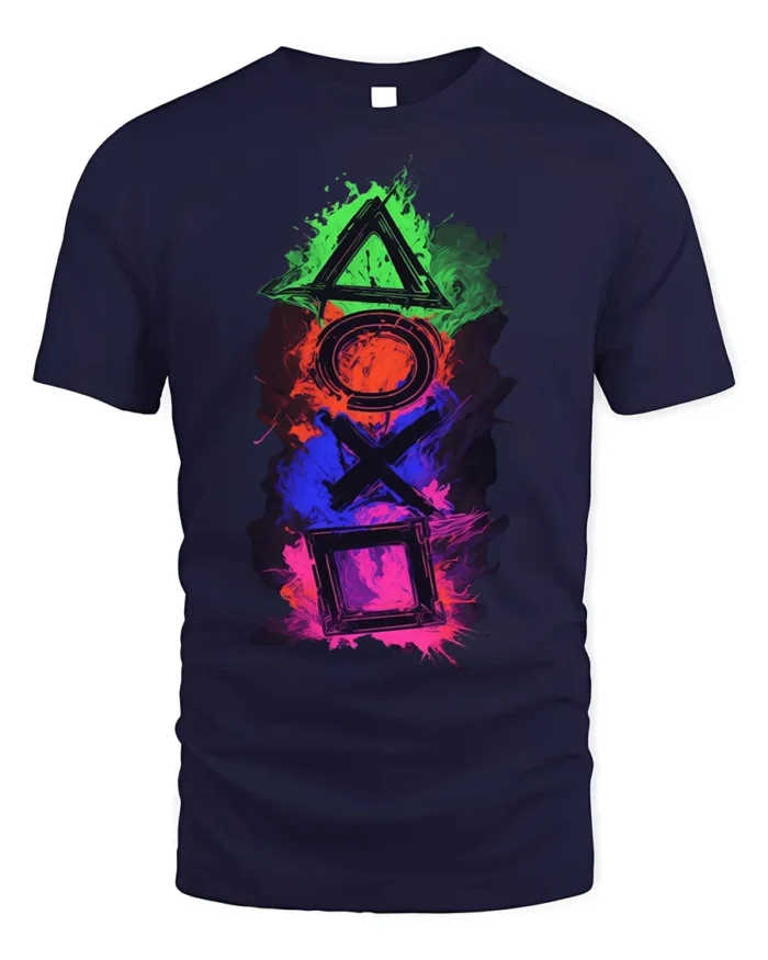 Colorful Gamer Controller Symbols Graphic T-shirt - navy t-shirt on white background