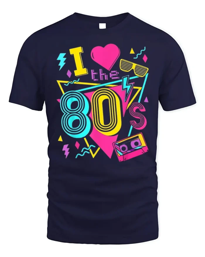 Retro I Love The 80s Neon Cassette Graphic T-shirt - navy t-shirt on white background