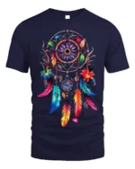 Colorful Dreamcatcher Feathers Floral Graphic T-shirt - navy t-shirt on white background