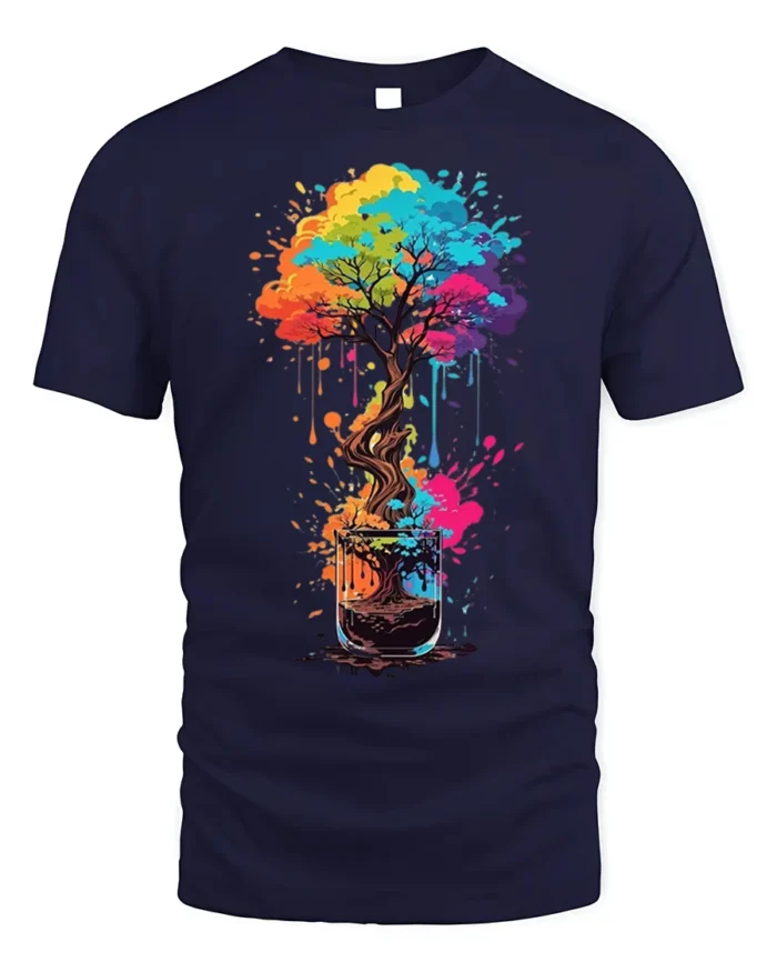 Colorful Coffee Cup Tree Splash Art Graphic T-shirt - navy t-shirt on white background