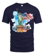 Statue of Liberty NYC Skyline American Flag T-shirt - navy t-shirt on white background