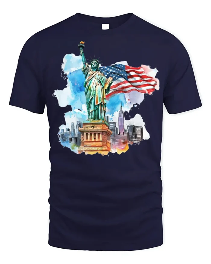 Statue of Liberty NYC Skyline American Flag T-shirt - navy t-shirt on white background
