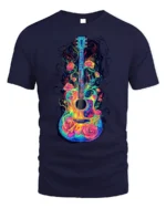 Colorful Guitar with Roses Artistic Music T-shirt - navy t-shirt on white background