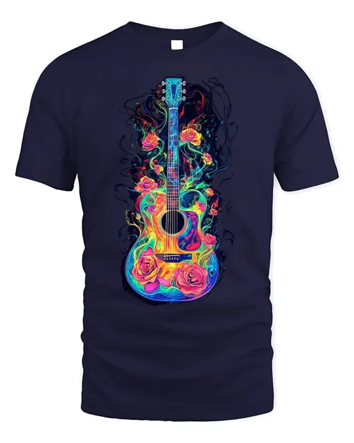Colorful Guitar with Roses Artistic Music T-shirt - navy t-shirt on white background