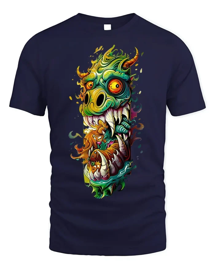 Psychedelic Monster Dragon Fiery Art Graphic T-shirt - navy t-shirt on white background