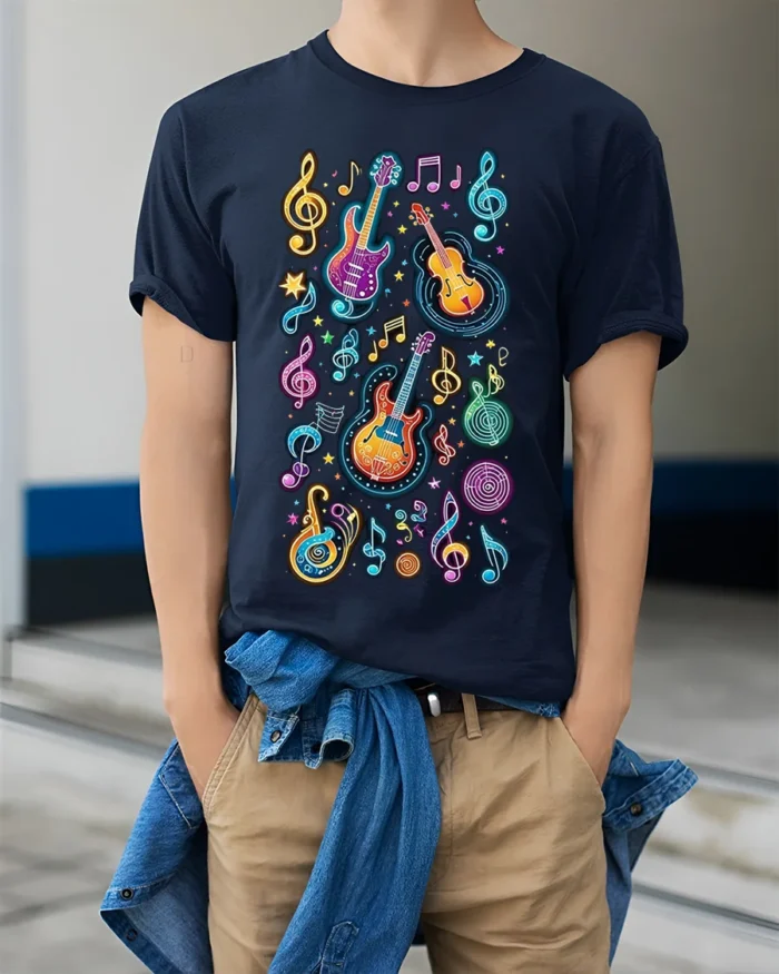 Colorful Neon Guitar Music Notes Graphic T-shirt - model wearing navy shirt, hands in pockets