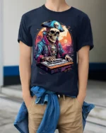 Pirate Skeleton DJ Keyboard Sunset Graphic T-shirt - model wearing navy shirt, hands in pockets