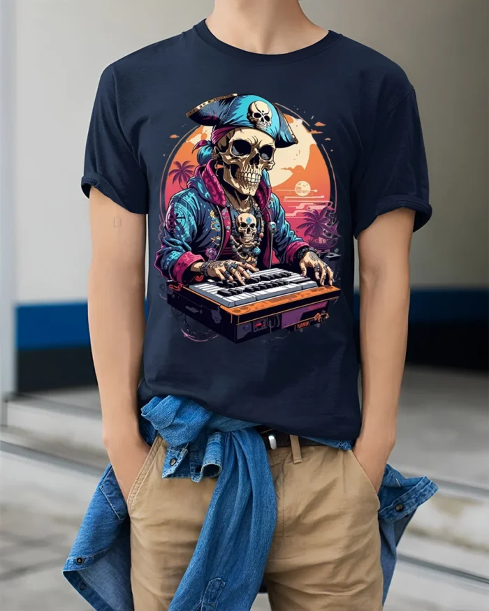 Pirate Skeleton DJ Keyboard Sunset Graphic T-shirt - model wearing navy shirt, hands in pockets