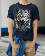 Tribal Blue Wolf Head Floral Spirit Graphic T-shirt - model wearing navy shirt, hands in pockets