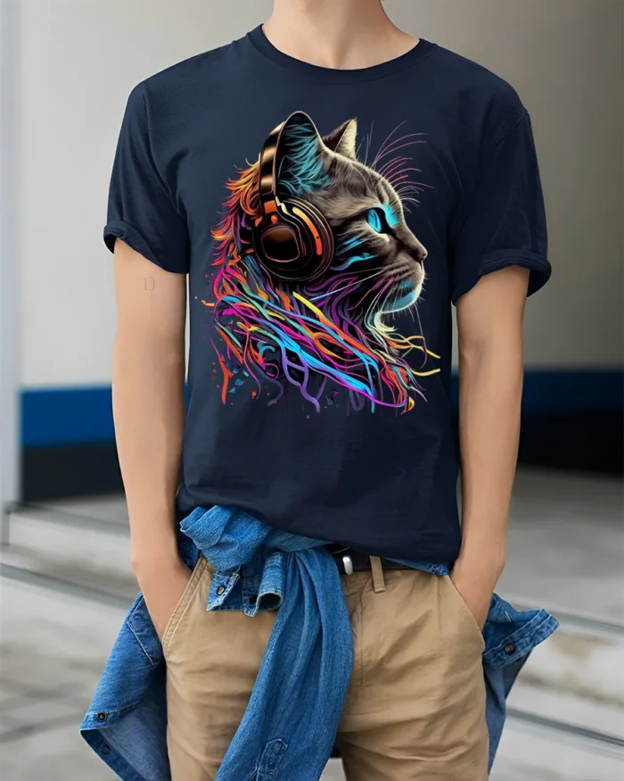 Neon Cat Headphones Music Lover Graphic T-shirt - model wearing navy shirt, hands in pockets