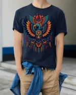 Tribal Eagle Dreamcatcher Feathers Spirit T-shirt - model wearing navy shirt, hands in pockets