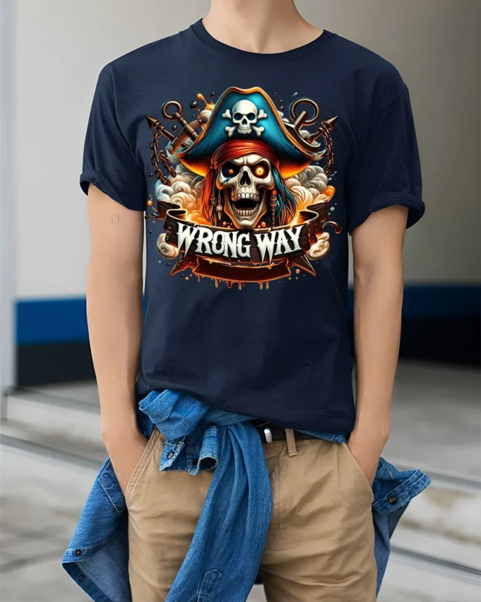Pirate Skull Wrong Way Fiery Chains Graphic T-shirt - model wearing navy shirt, hands in pockets