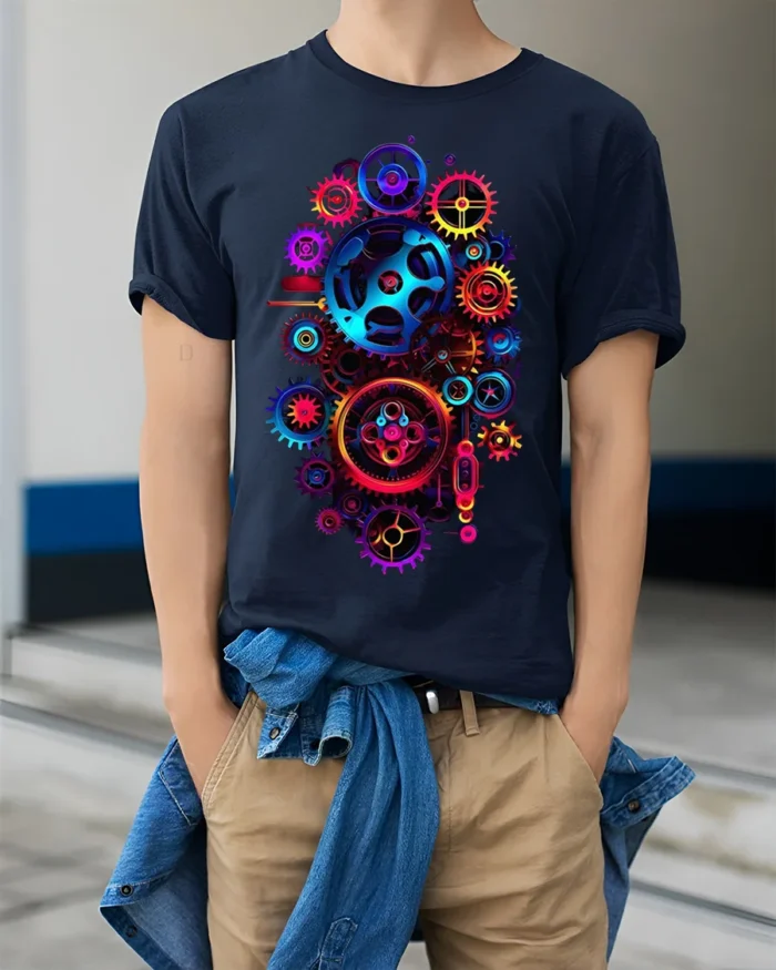 Colorful Steampunk Gears Mechanical Art T-shirt - model wearing navy shirt, hands in pockets