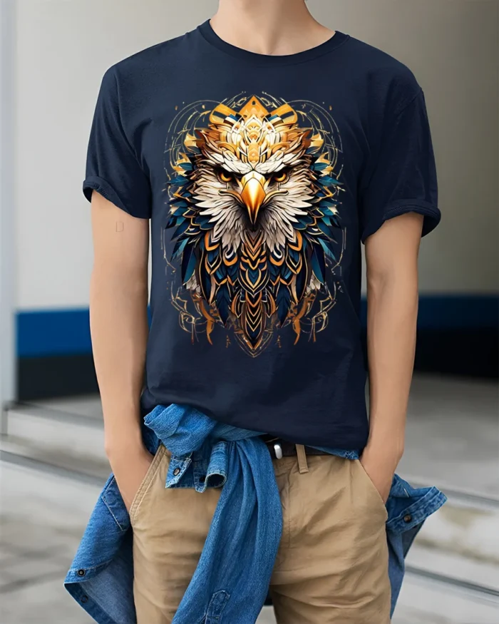 Fierce Eagle Head Tribal Feathers Art T-shirt - model wearing navy shirt, hands in pockets