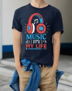 Music It’s My Life Headphones Graphic T-shirt - model wearing navy shirt, hands in pockets