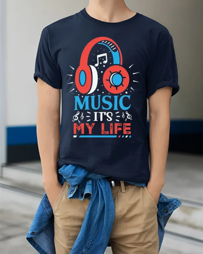 Music It’s My Life Headphones Graphic T-shirt - model wearing navy shirt, hands in pockets