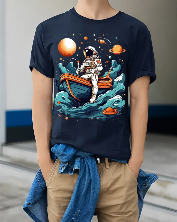 Astronaut Rowing Boat Space Adventure Graphic T-shirt - model wearing navy shirt, hands in pockets