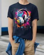 Colorful Headphones Music Splash Graphic T-shirt - model wearing navy shirt, hands in pockets