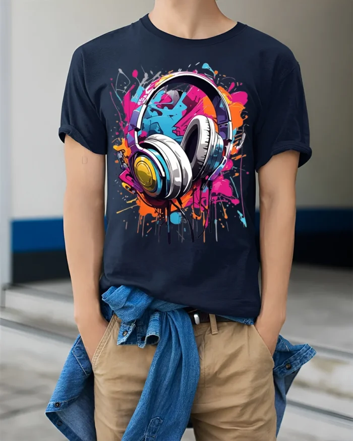 Colorful Headphones Music Splash Graphic T-shirt - model wearing navy shirt, hands in pockets