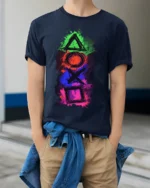 Colorful Gamer Controller Symbols Graphic T-shirt - model wearing navy shirt, hands in pockets