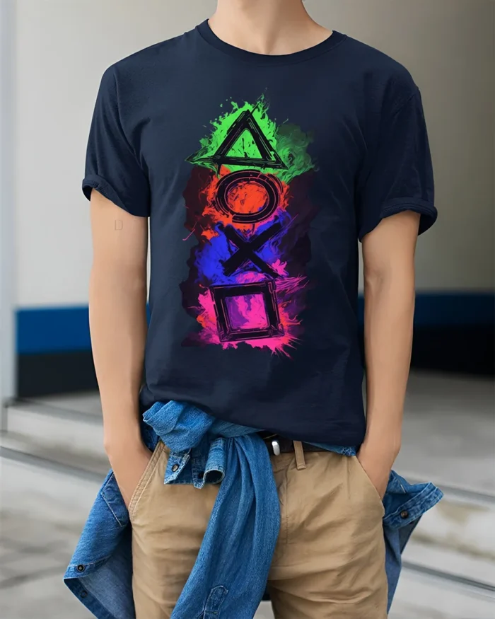 Colorful Gamer Controller Symbols Graphic T-shirt - model wearing navy shirt, hands in pockets