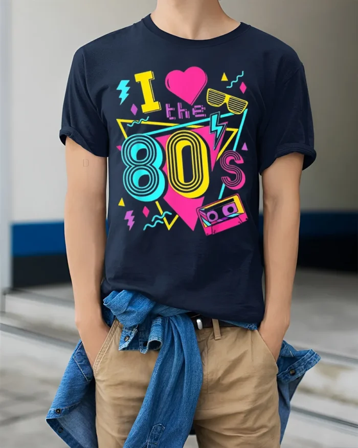 Retro I Love The 80s Neon Cassette Graphic T-shirt - model wearing navy shirt, hands in pockets