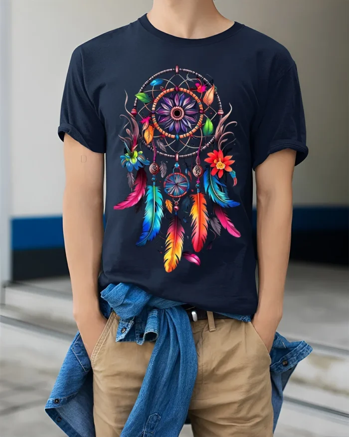 Colorful Dreamcatcher Feathers Floral Graphic T-shirt - model wearing navy shirt, hands in pockets