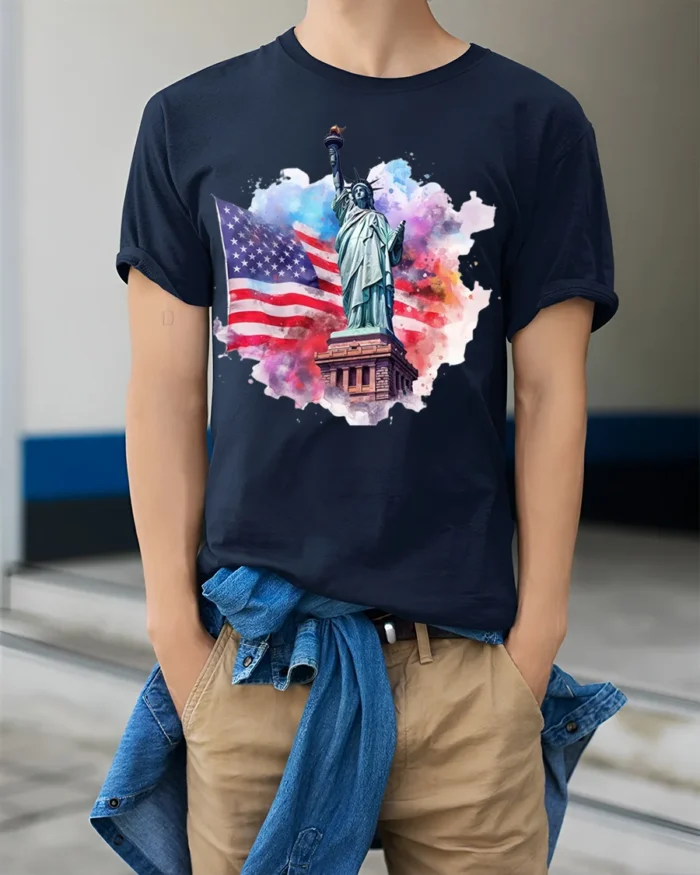 Statue of Liberty American Flag Patriotic T-shirt - model wearing navy shirt, hands in pockets