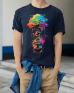 Colorful Coffee Cup Tree Splash Art Graphic T-shirt - model wearing navy shirt, hands in pockets
