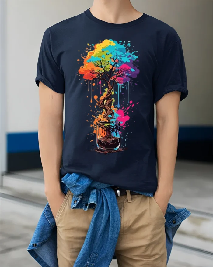 Colorful Coffee Cup Tree Splash Art Graphic T-shirt - model wearing navy shirt, hands in pockets