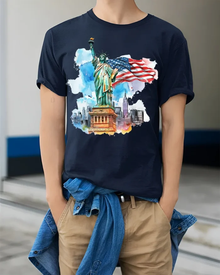 Statue of Liberty NYC Skyline American Flag T-shirt - model wearing navy shirt, hands in pockets