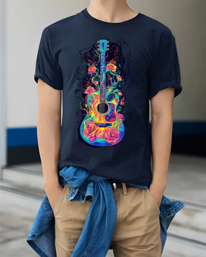 Colorful Guitar with Roses Artistic Music T-shirt - model wearing navy shirt, hands in pockets